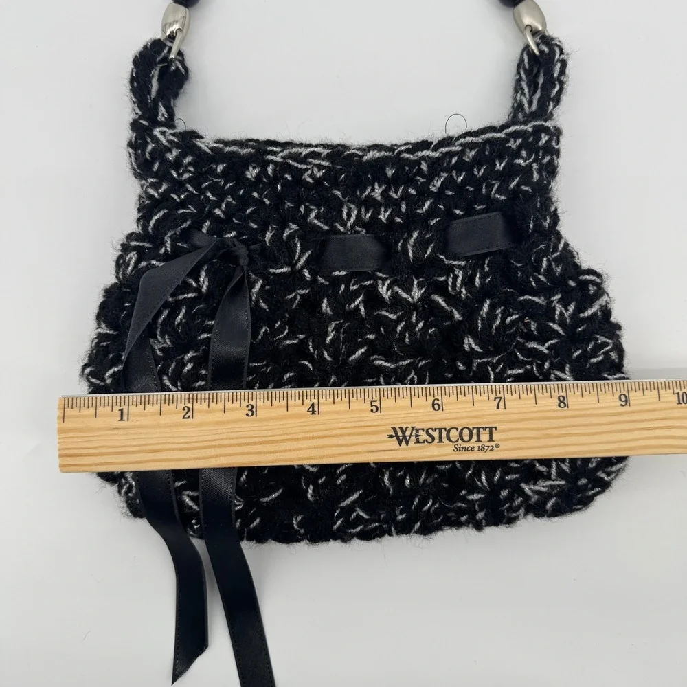 Black & White Crochet Beaded Handle Purse Ribbon‎ Detail Handbag Evening Bag